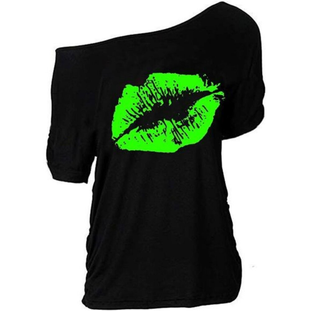 Plus Size Off Shoulder Lips Print Shirt Casual Short Sleeve T Shirt Women
